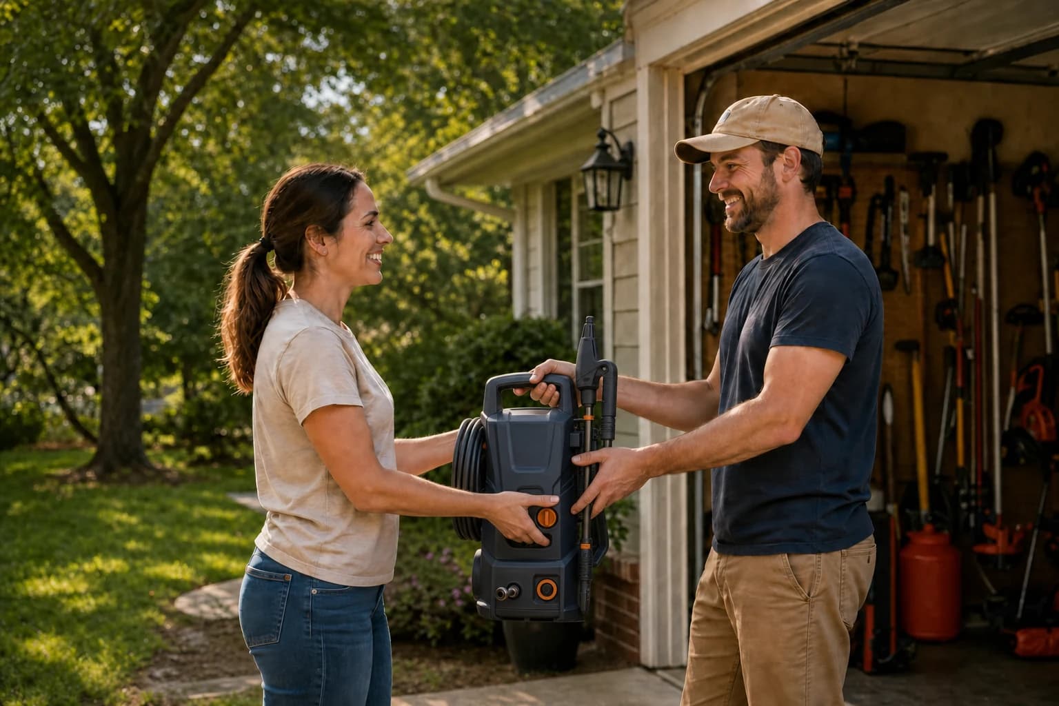 Two neighbors exchanging a pressure washer